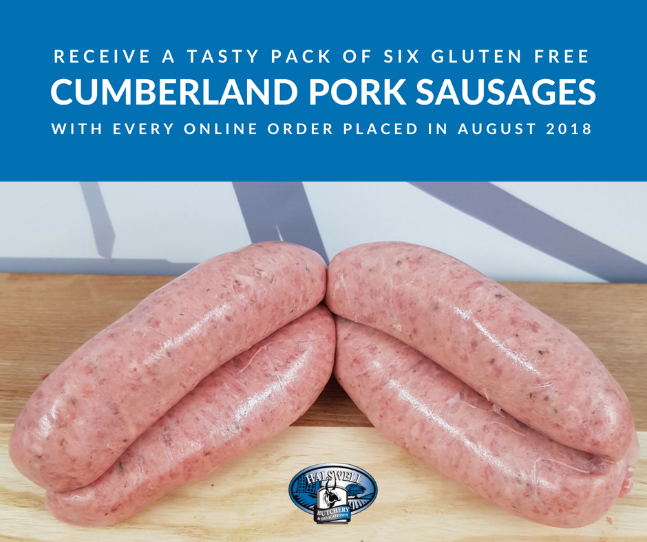 Score a 6 pack of Gluten Free Cumberland Pork Sausages online order over $65+ in August 2018 - Halswell Butchery